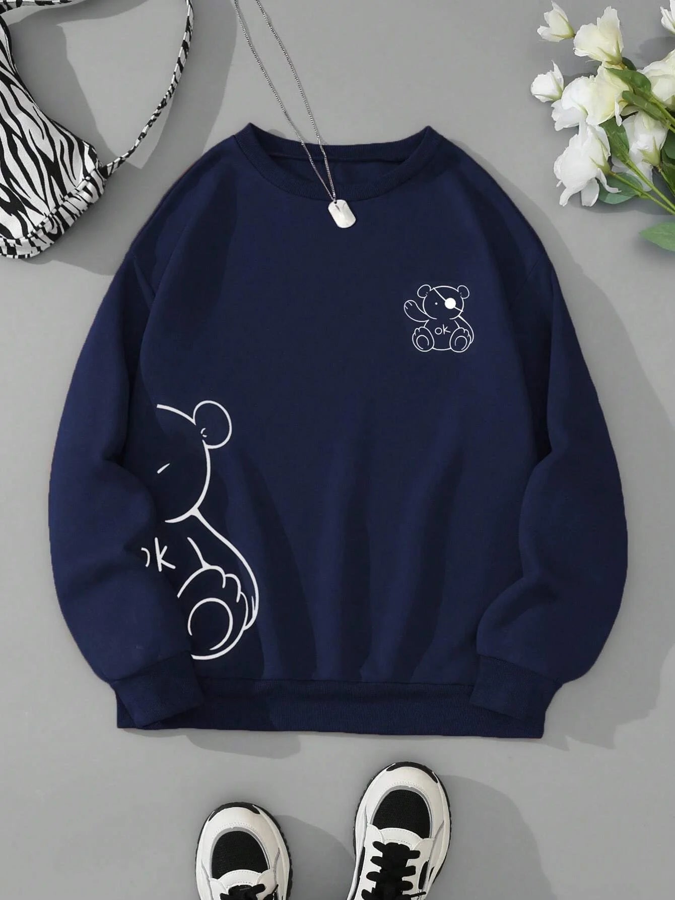 Kawaii OK Teddy bear Printing Sweatshirts For Women Classic Retro Fashion Hoodies Fleece Warm Casual Clothes Loose Sportswear