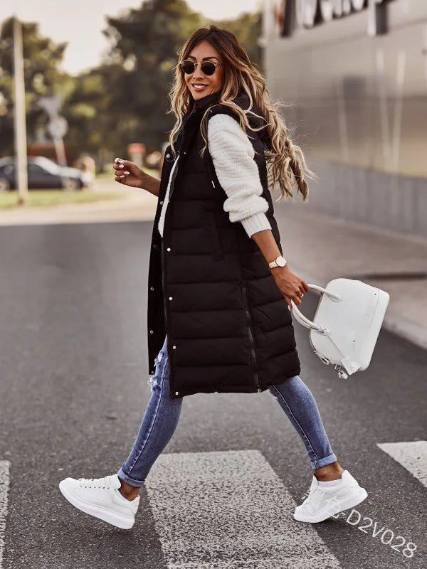 Women Long Waistcoats Warm Winter Sleeveless Hoodie Tie Collar Button Loose Overcoats Female Solid Vests BYFS-BK4567