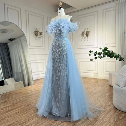 Serene Hill Dubai Luxury Beaded  Blue Mermaid Elegant Overskirt Evening Dresses Gowns 2024 For Women Wedding Party LA71634