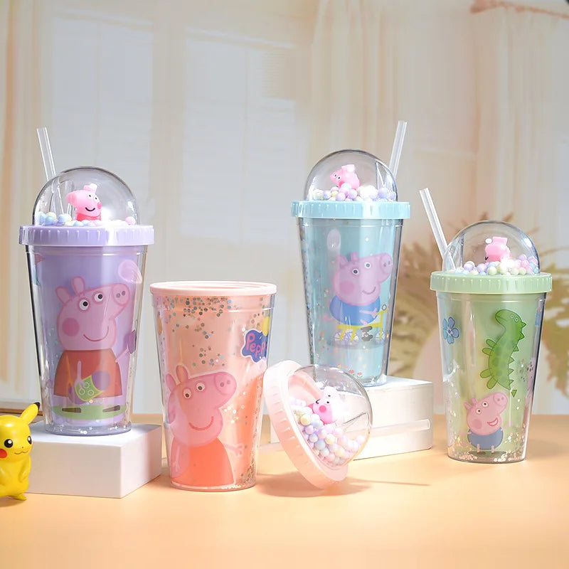 Anime Figures Peppa Pig Water Bottle Double-Layer Plastic Cup with Straw Portable Sports Mug Girl Birthday Party Decoration Kids