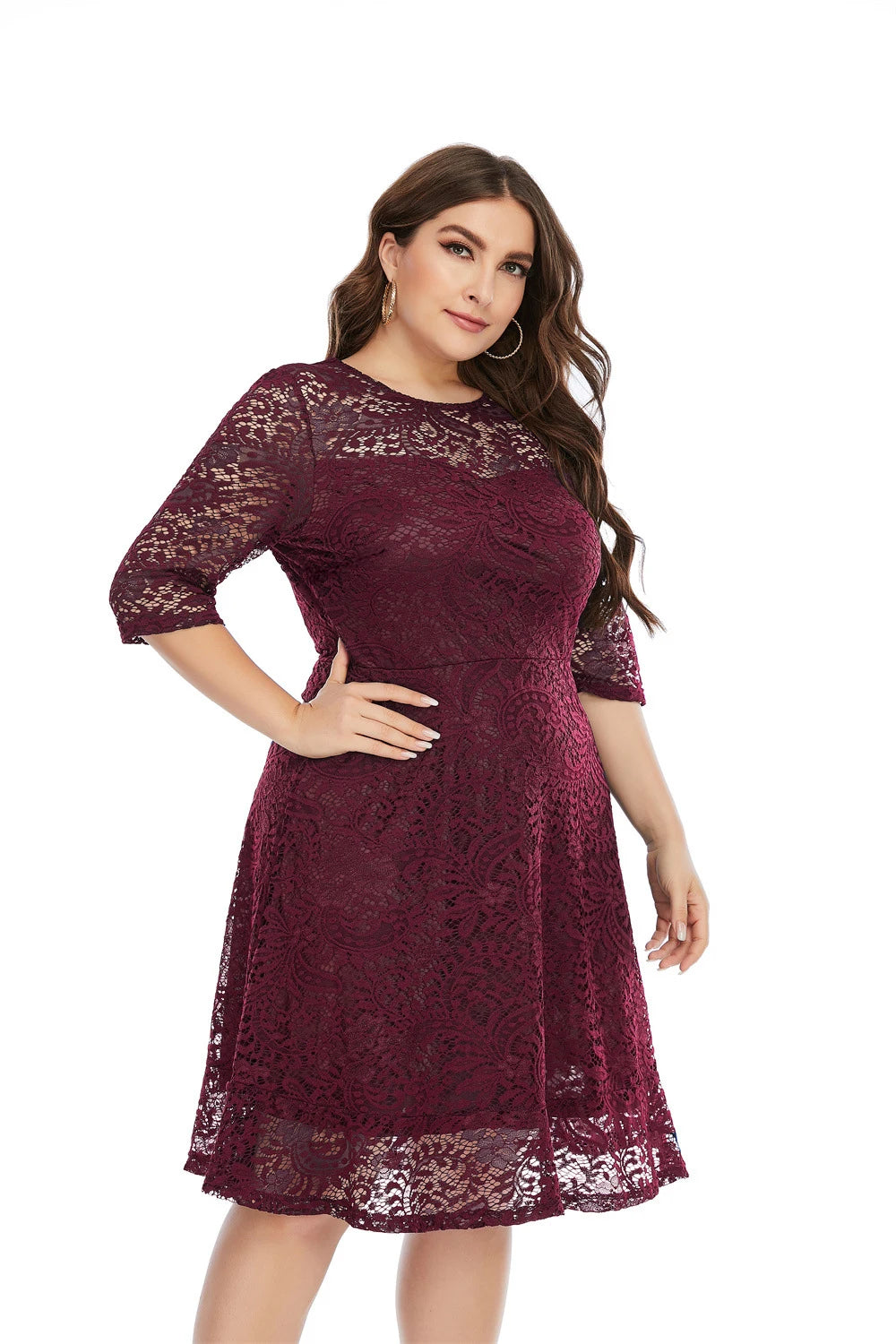 Plus Size Contrast Lace Semi Sheer 3/4 Sleeve Midi Dress, Women&