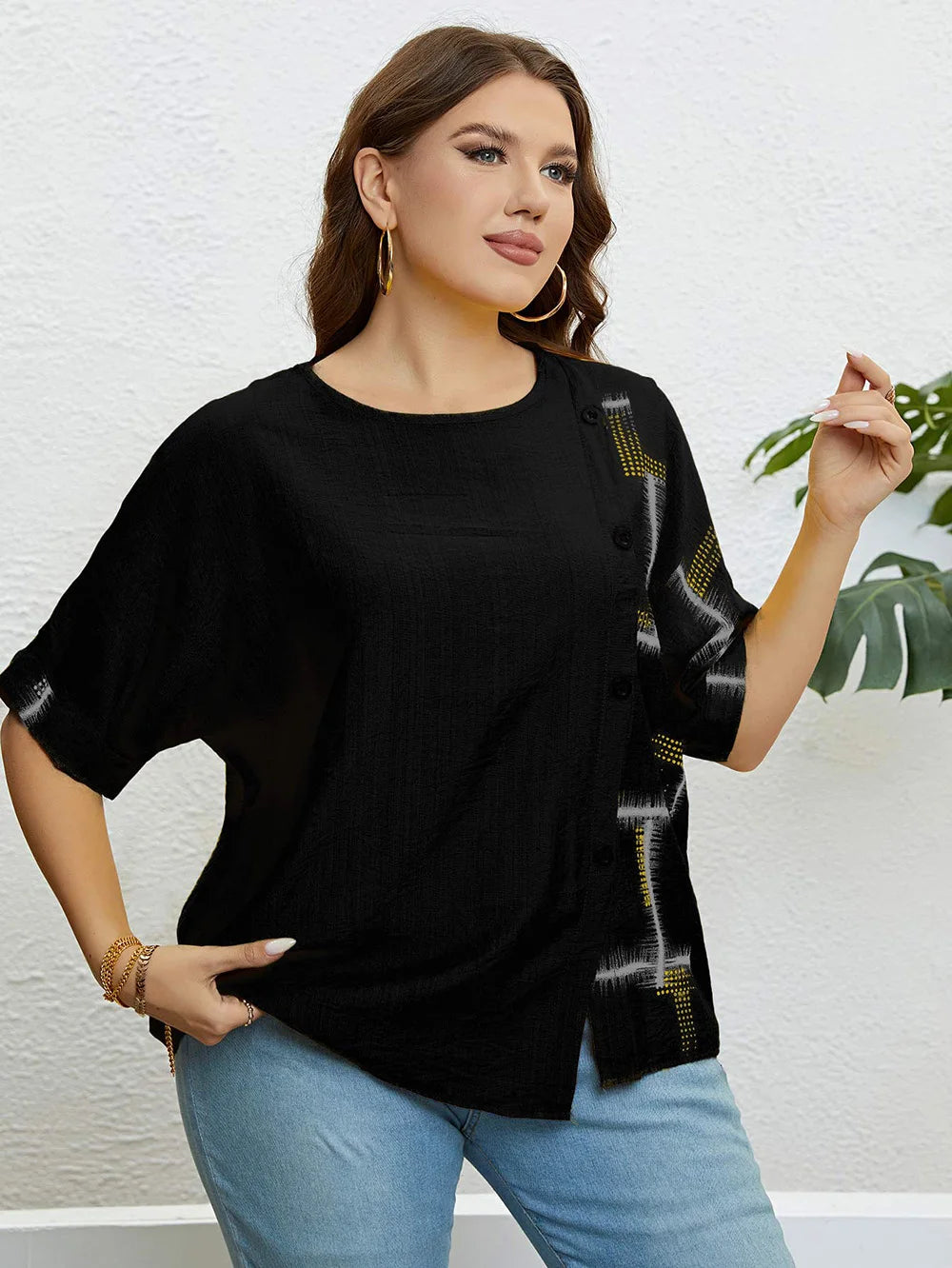 GIBSIE Plus Size Casual Print Button Front Women T Shirt 2024 New Summer Korean Fashion Half Sleeve Ladies O-Neck T-Shirts Tops