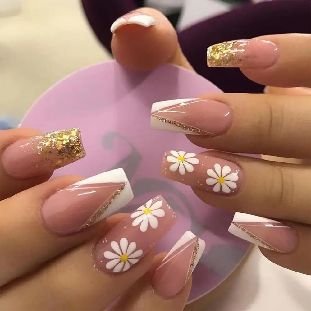 Long Fake Nails Art Tips Press on Nails False Flower heart Design for Extensionfake Nails with Glue Stickers Reusable Set