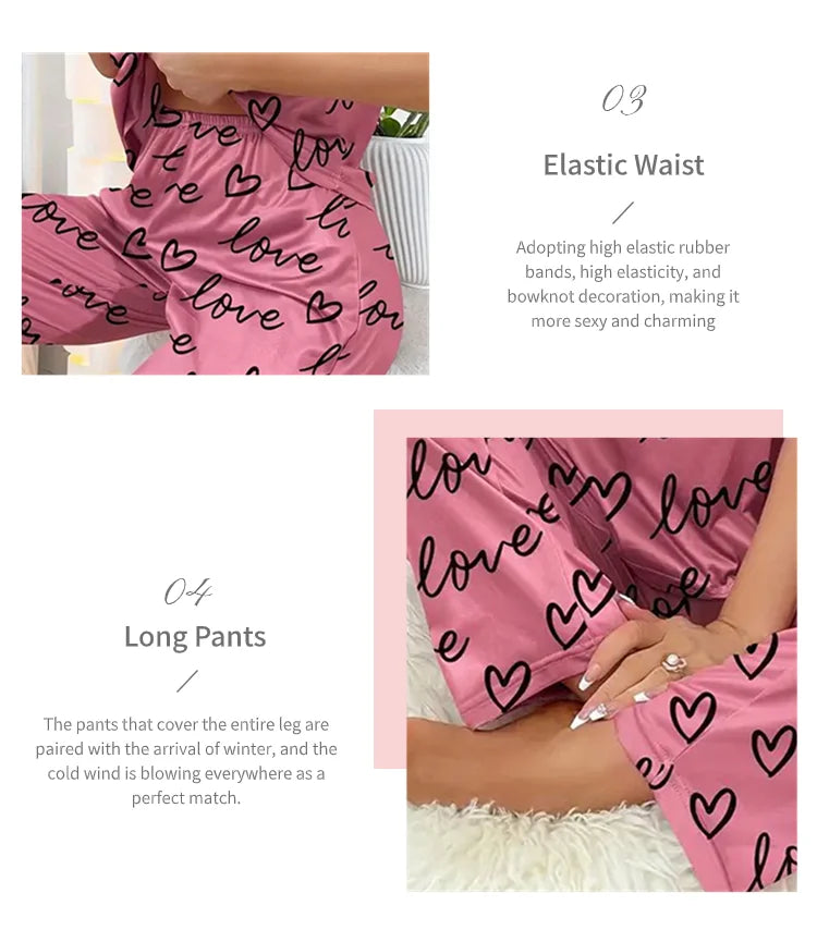 Summer Pijama Women Letter Print Pajamas Set Short Sleeve Crew Neck Tops Elastic Waistband Pants Women&