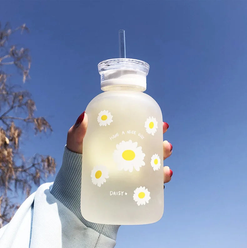 480ml Water Bottle Small Daisy Milk Juice Cute Kawaii Frosted Glass Bottle with Straw Drinking Cups with Scale 2 Lids