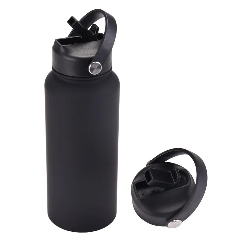 1L WATER BOTTLE Sports Double Thickened Stainless Steel Large Capacity American Large Mouth Portable Handle Straw Thermos CUP