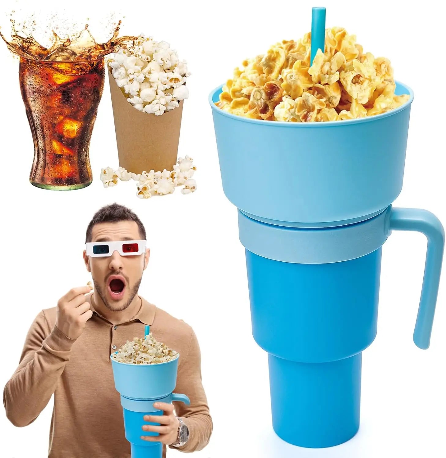 2In1 Snack Bowl Drink Cup with Straw Stadium Tumbler Water Bottle Straw Splash Proof Leakproof Portable Adults Kids Cinema Trip