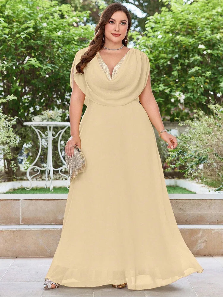 Plus Size V Neck Chiffon Yellow Floor Floor Bridesmaid Luxury Dress 4XL 5XL Big Size Shiny Chiffon Banquet Evening Dress Women