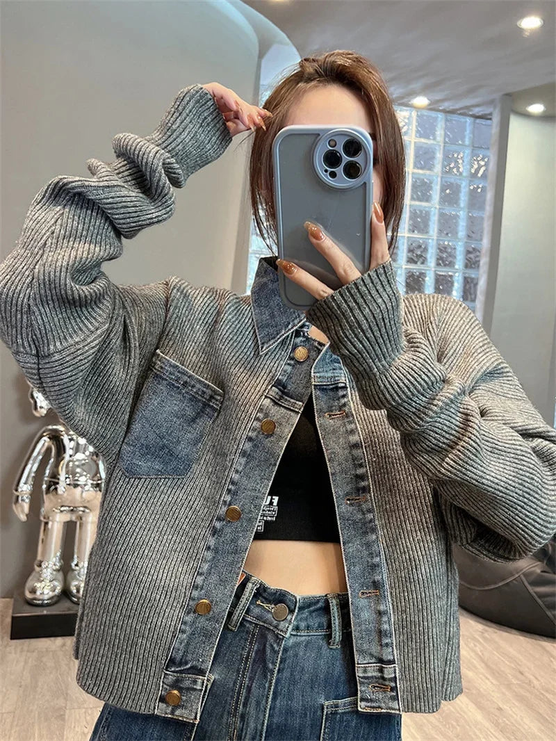 Women Denim Stitching Sweater Jacket Autumn 2023 New Fashion Loose Short Knitted Cardigan Lady Coats Casual Denim Jacket Women