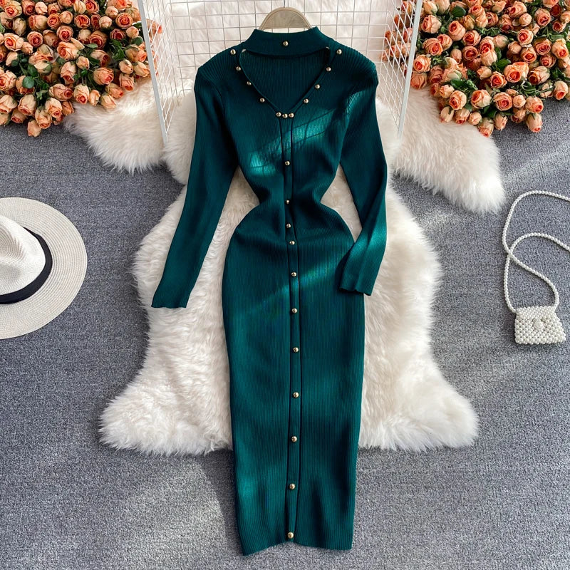 YuooMuoo Chic Fashion Sexy Package Hips Knitted Winter Dress Women Slim Elastic Bodycon Long Dress Streetwear Lady Party Vestido