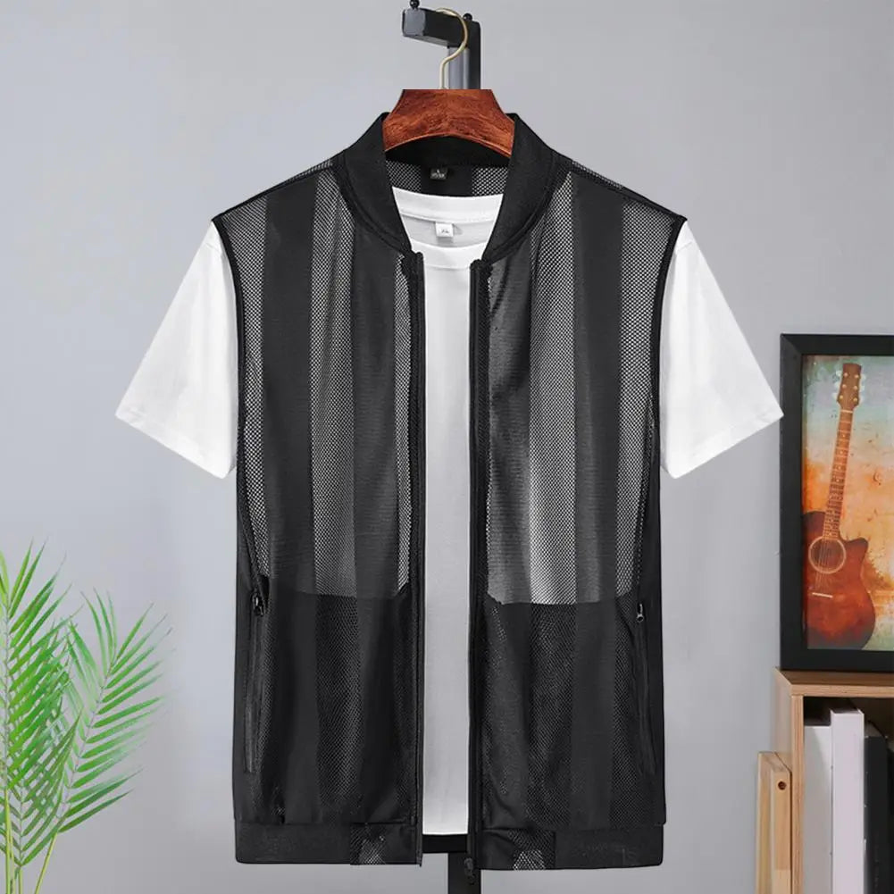 Soft Vest Tops Baseball Collar Summer Mesh Waistcoat Outerwear Chic Summer Men Mesh Hollow Waistcoat Streetwear