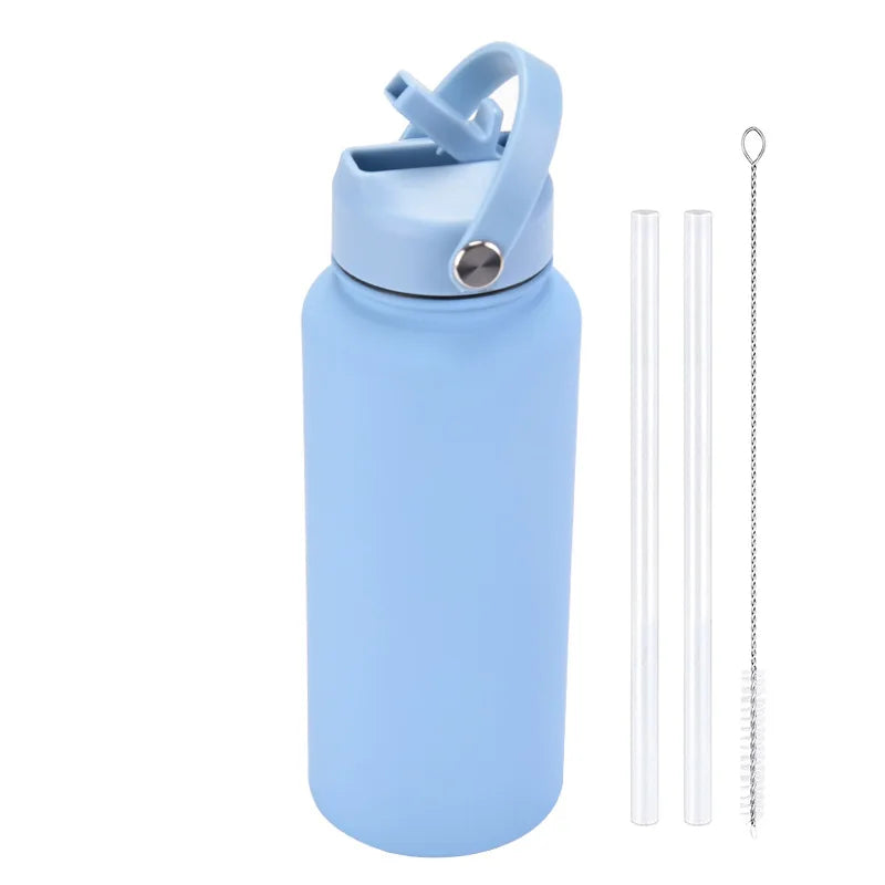 1L WATER BOTTLE Sports Double Thickened Stainless Steel Large Capacity American Large Mouth Portable Handle Straw Thermos CUP