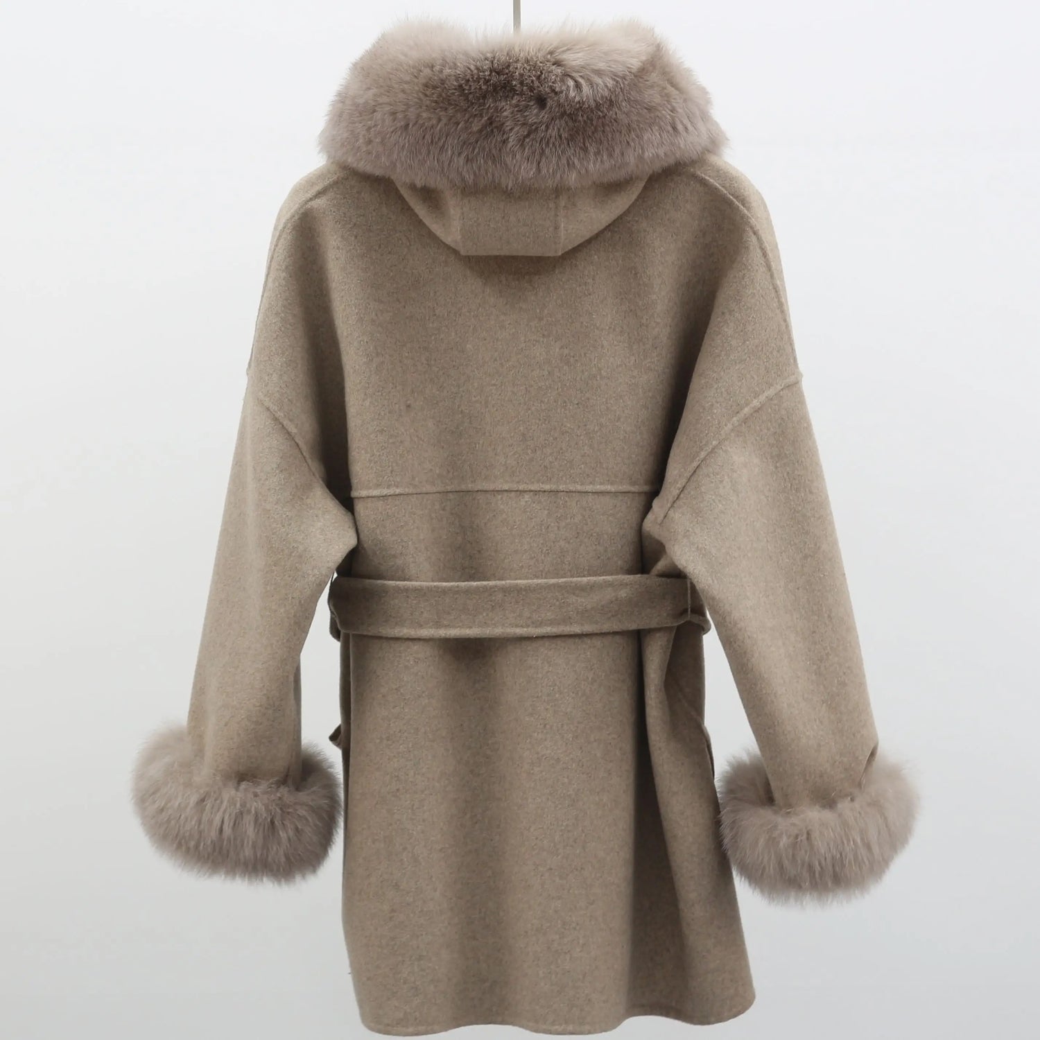 MISSJANEFUR Wool Coat with Real Fox Fur Collar Cuff Women 2023 Fashion Belted Cashmere Coats Warm Winter Hooded Trench Peacoat