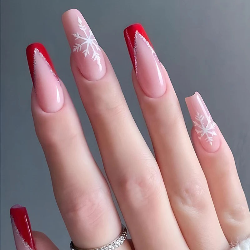 24Pcs French Christmas Snowflake Fake Nails Almond/Square Rouns Press on Nails Y2K Acrylic Nails Tips Full Cover False Nails &amp;*&amp;