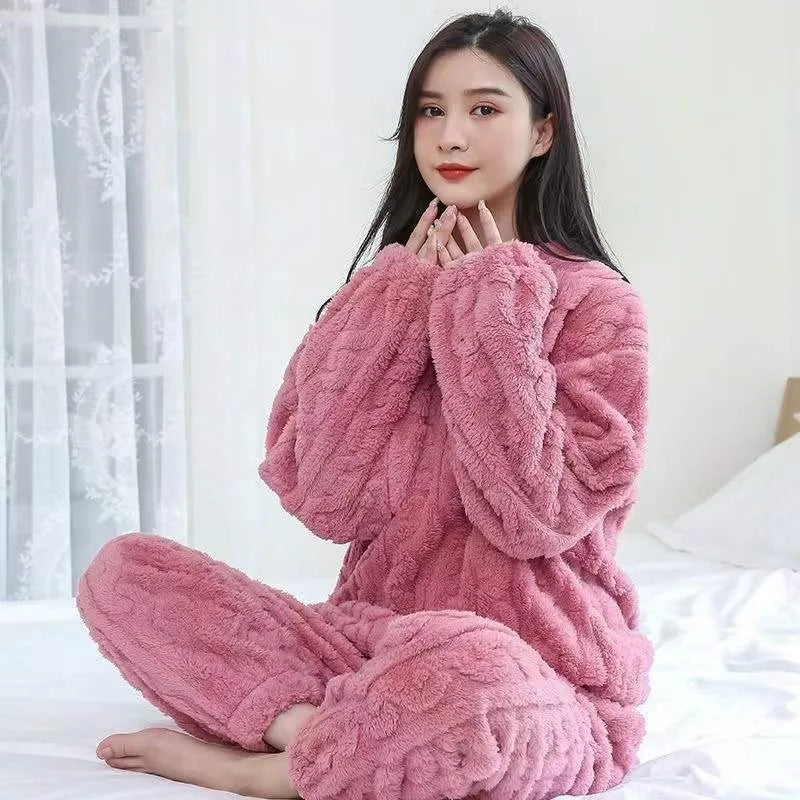 Two-Piece Autumn And Winter Thickened Warm Flannel man Women Pajamas O-neck Solid Long Sleeve Long pants Black Homewear Set New