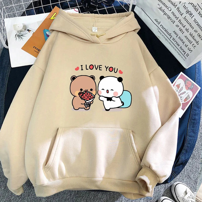 Panda Bear Cartoon Bubu And Dudu Kawaii Print Hooded Men Women Couple Hoodies Plus Size Pullover Harajuku Unisex Sweatshirt