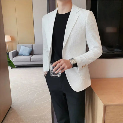 Man Suits and Blazers White Business Coats Dress Jackets Waffle Jacket for Men Clothing Korean Style Clothes Simple Breasted