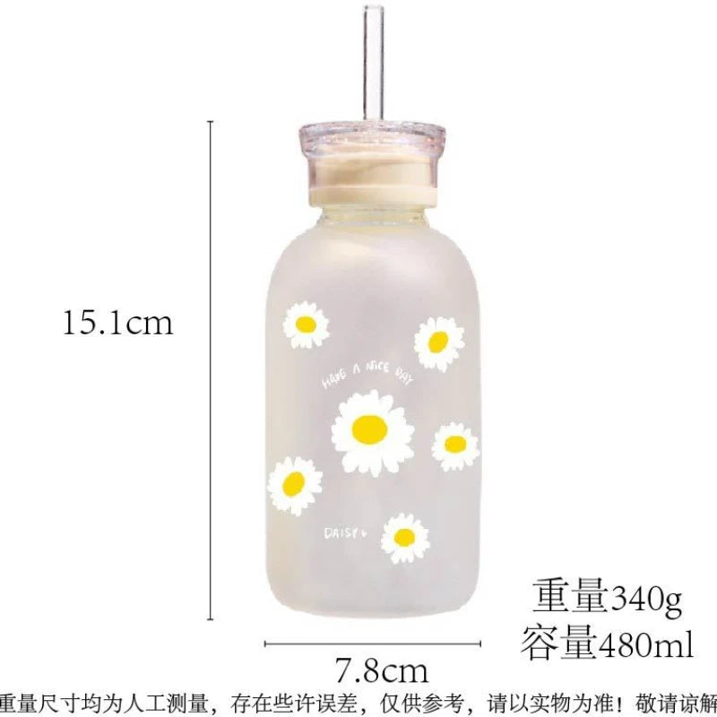 480ml Water Bottle Small Daisy Milk Juice Cute Kawaii Frosted Glass Bottle with Straw Drinking Cups with Scale 2 Lids