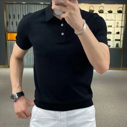 Summer Men Fashion Polo Shirts Short Sleeve Turn-down Collar Solid Casual Polos Knit Clothing Male Tops Pullover Streetwear