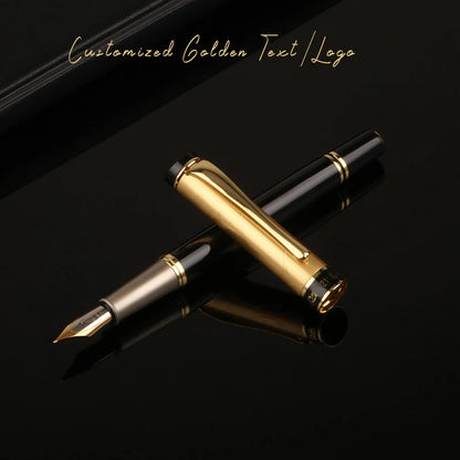 Custom Fountain Pen Golden Text Stationery Office Supplies Back To School Items Metal Nib Writing Ink Men Luxury Black