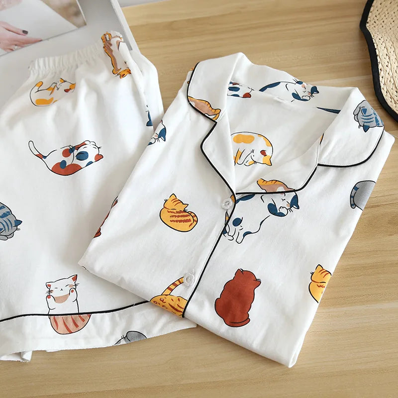 New 100% cotton short-sleeved shorts ladies pajamas set cute cartoon pajamas Japanese simple short pajamas women sleepwear