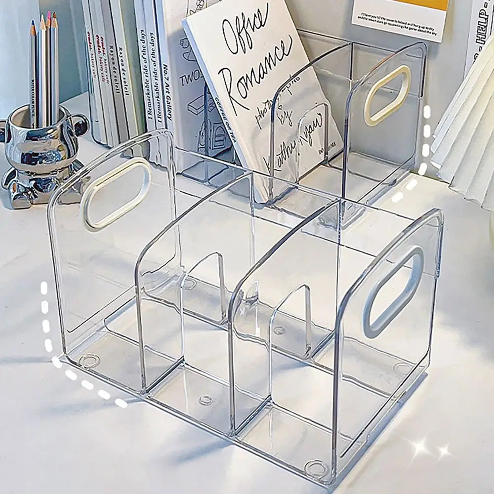 Transparent Acrylic Bookends with Handle Portable Divided Book Stand Desktop Book Holder Desk Organizer Student Study Supplies