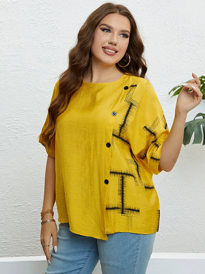 GIBSIE Plus Size Casual Print Button Front Women T Shirt 2024 New Summer Korean Fashion Half Sleeve Ladies O-Neck T-Shirts Tops