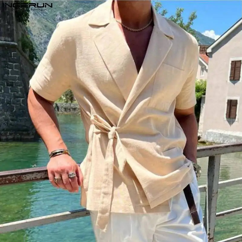 INCERUN Men Shirt Lapel Short Sleeve Lace Up Cotton Summer Casual Men Clothing Streetwear Solid Color 2023 Leisure Camisas S-5XL