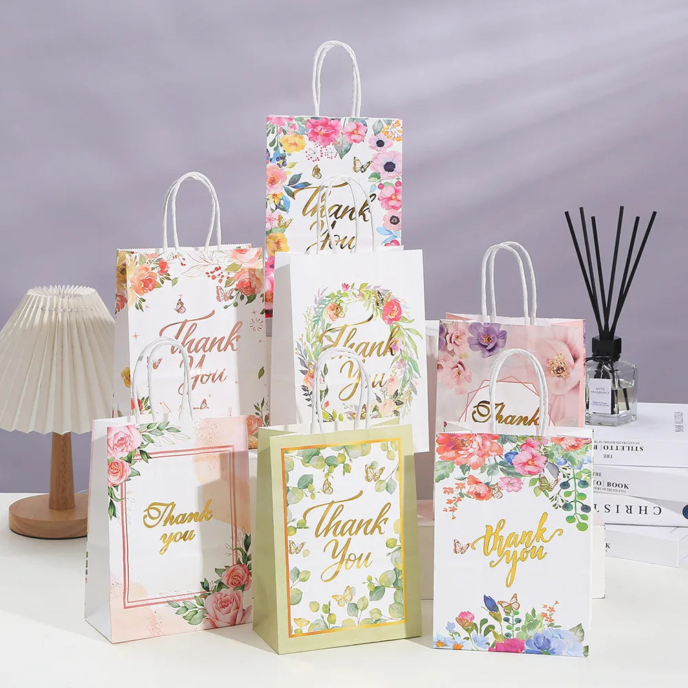 6Pcs Floral Flower Thank You Paper Gift Packaging Bag Shopping Souvenir Bag for Birthday Wedding Thanksgiving Party Decoration