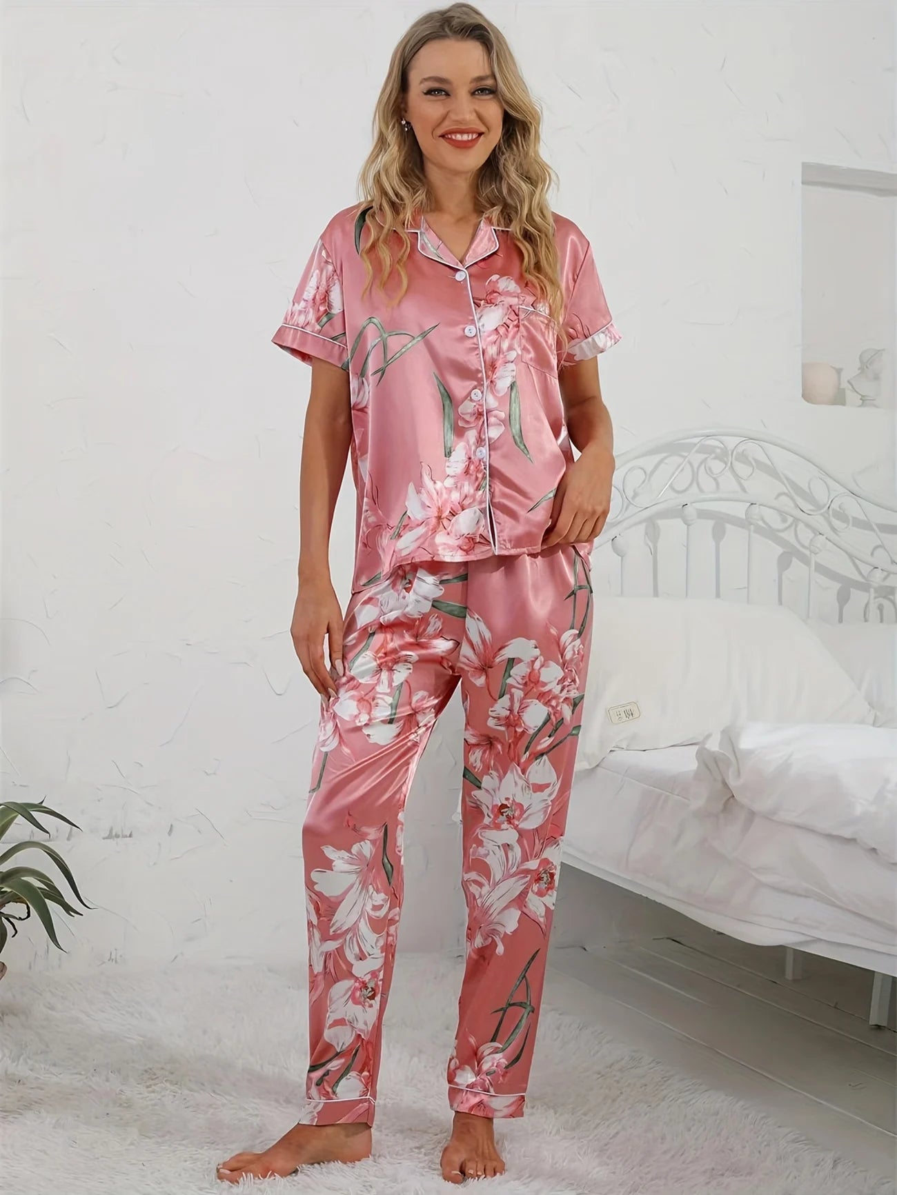 Floral Print Satin Pajama Set Smooth &amp; Comfort Short Sleeve Button Lapel Top &amp; Cozy Long Pants Women&