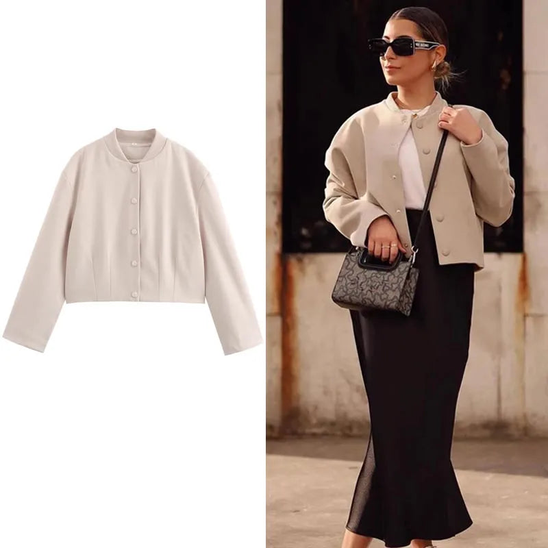 HXAO Crop Jackets For Women Spring Summer 2024 Ladies O-Neck Long Sleeve Bomber Jacket New In Coat Fashion Casual All-Match Coat