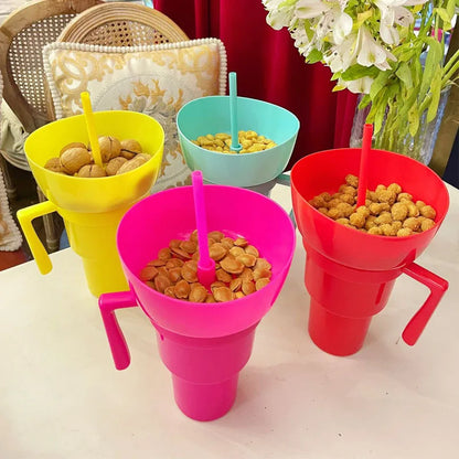 2In1 Snack Bowl Drink Cup with Straw Stadium Tumbler Water Bottle Straw Splash Proof Leakproof Portable Adults Kids Cinema Trip