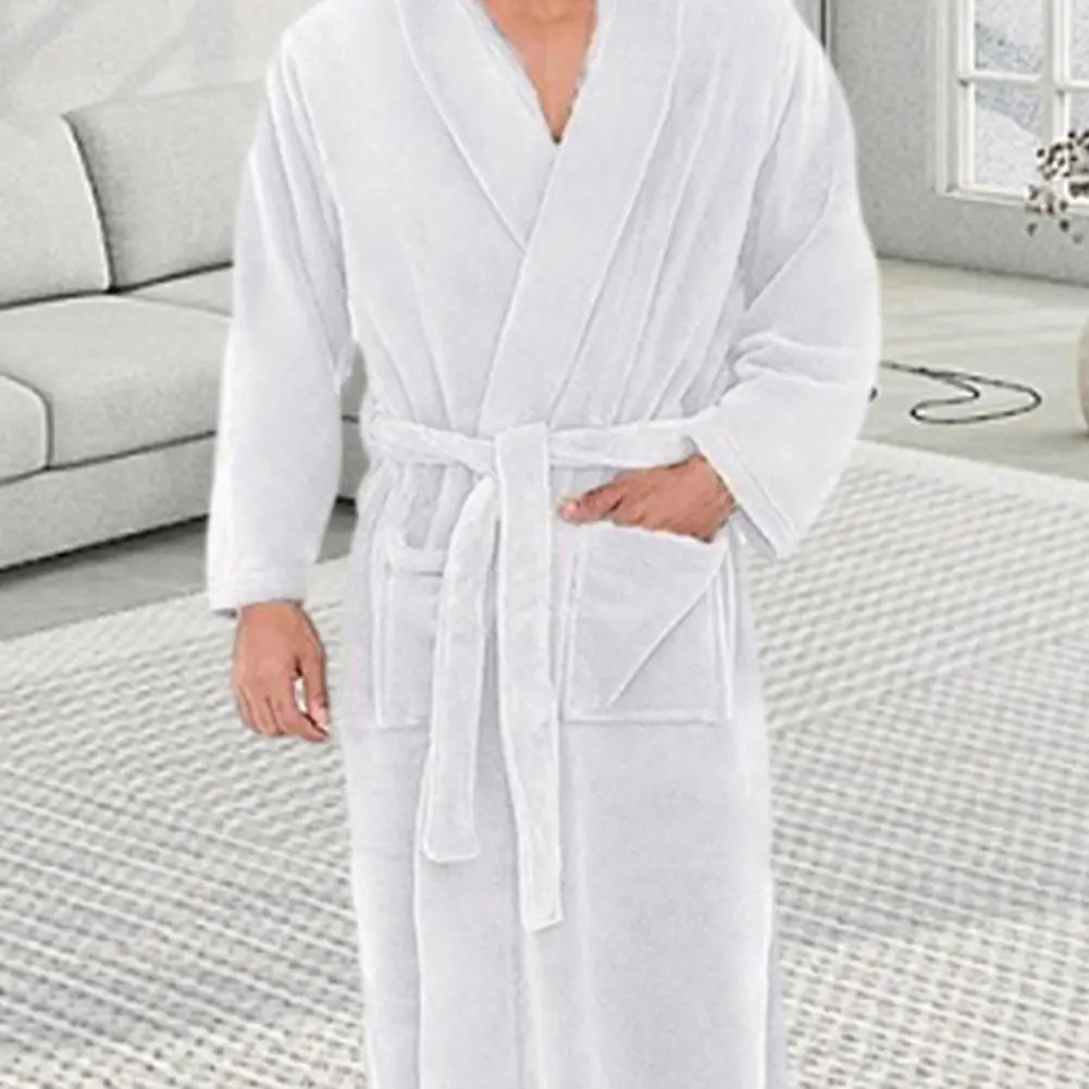 Men Hooded Bathrobe Flannel Robe Long Bath Robe Home Gown Sleepwear Soft Fluffy Hooded Bathrobe Quick Dry Lounging Bathrobe