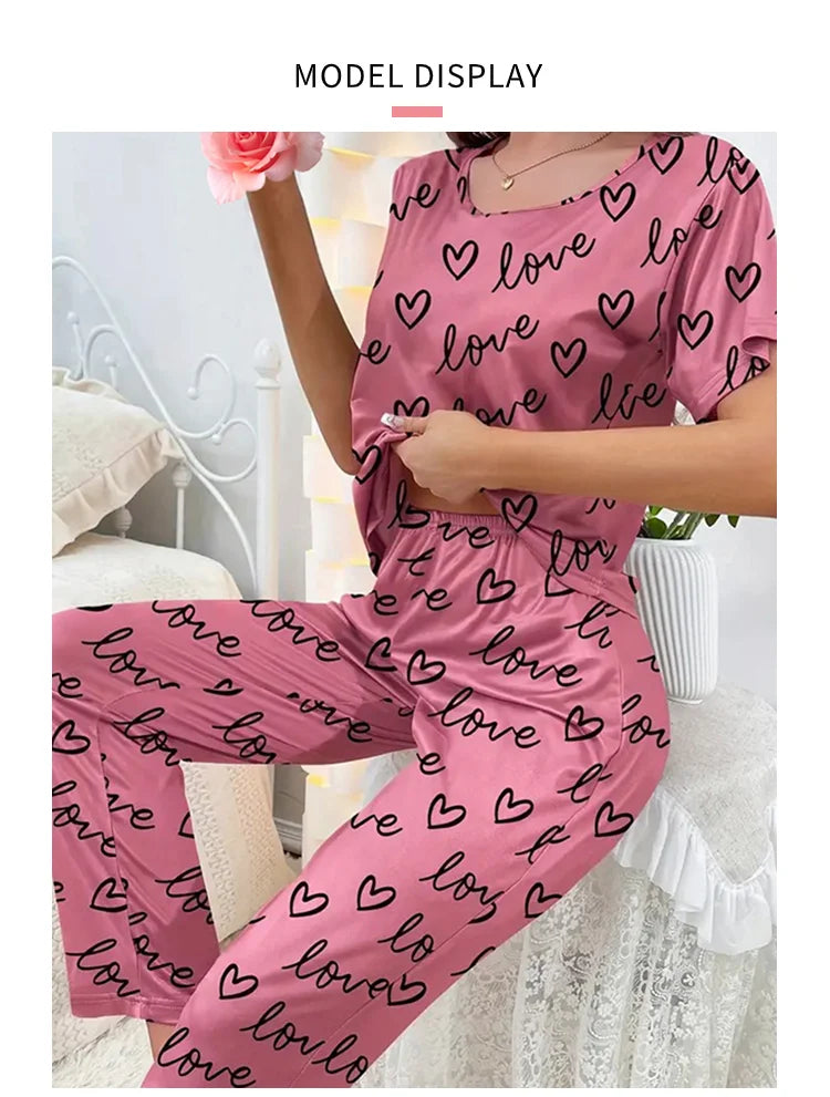 Summer Pijama Women Letter Print Pajamas Set Short Sleeve Crew Neck Tops Elastic Waistband Pants Women&