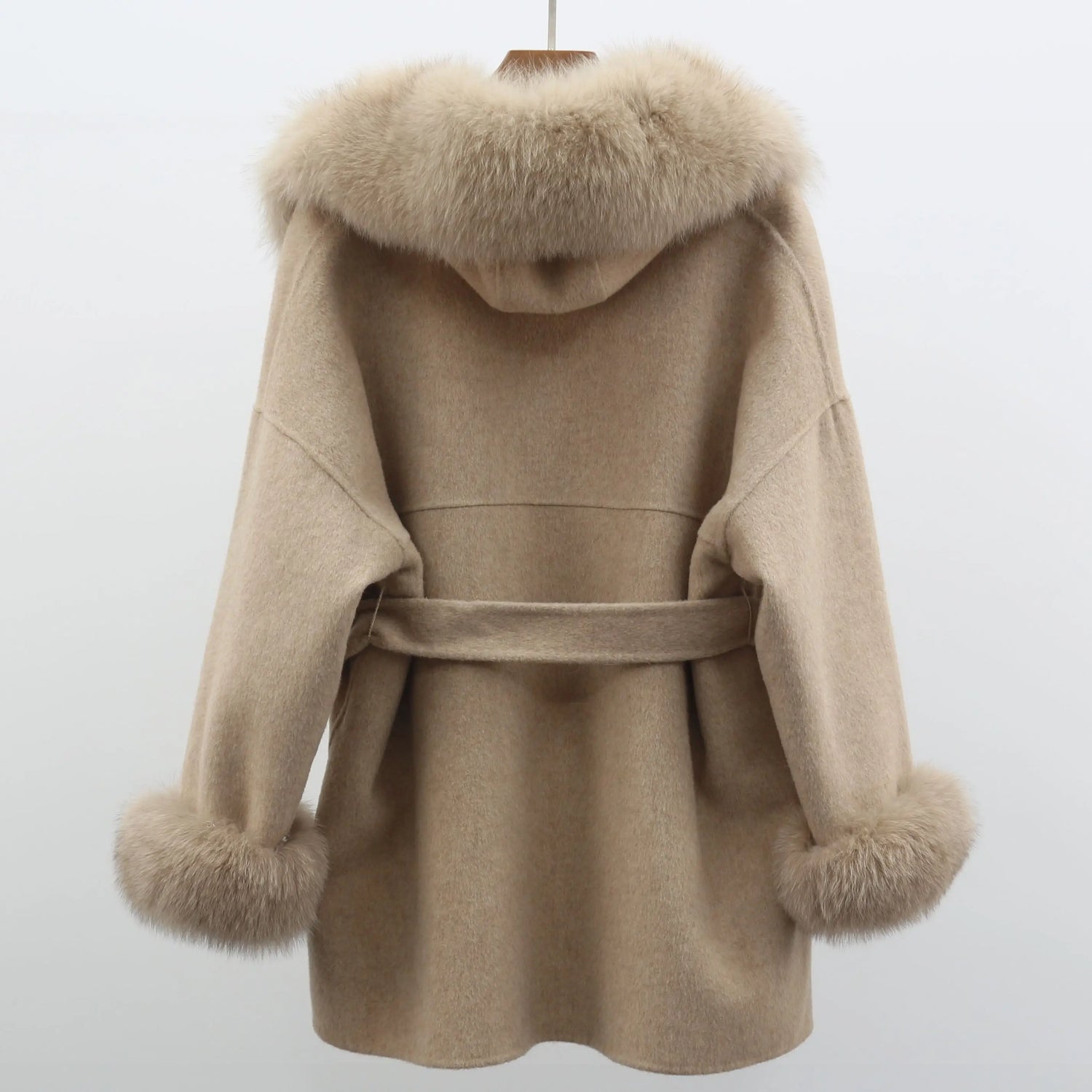 MISSJANEFUR Wool Coat with Real Fox Fur Collar Cuff Women 2023 Fashion Belted Cashmere Coats Warm Winter Hooded Trench Peacoat