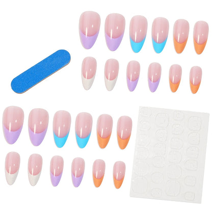 24Pcs Black Almond French False Nails Stiletto Fake Nails Full Cover Nail Tips Press On Nails With Press Glue And 1PC Nail File