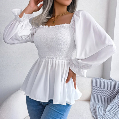 Women Chiffon Blouse 2023 Long Sleeve Casual Ruffles Peplum Top White Red Green Blue Black