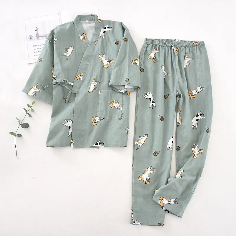 2024 new seven-sleeve Japanese-style kimono pajamas set female spring and autumn 100% cotton gauze home clothes cute sweet two-p