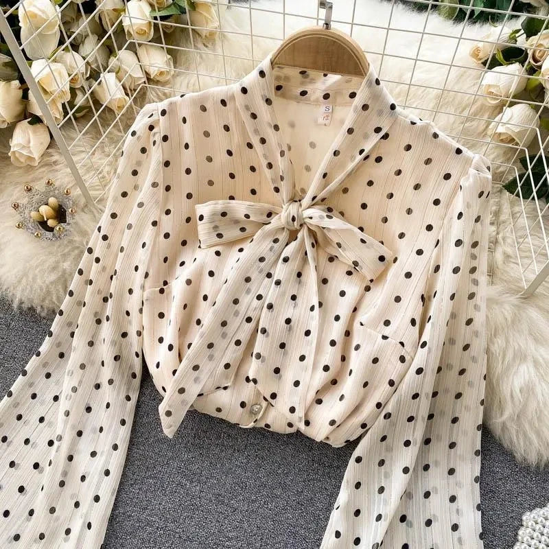 Beige Polka Dot Bow Neck Elegant Chiffon Long Sleeve Loose Women&