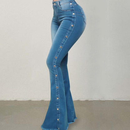 Mid Waisted Stretch Flare Jeans Women Denim Pants Wide Leg Butt-lifted Casual Korean Style Skinny Bell Bottom Pocket Trousers