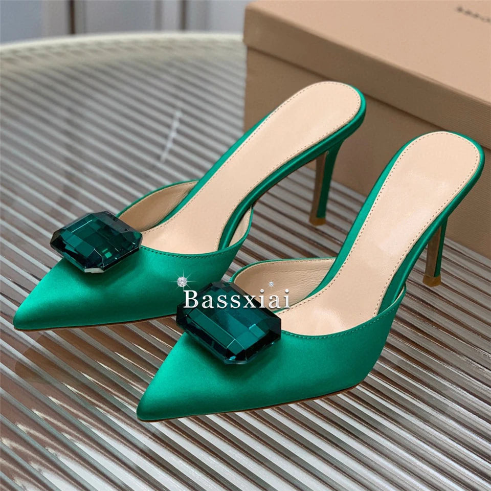 2024 Big Rhinestone Buckle Decor Women Sandals 8cm Thin High Heel Sexy Pointed Toe Luxury Satin Slingbacks Summer Mules