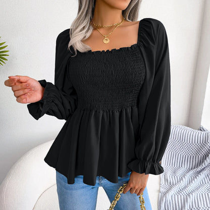 Women Chiffon Blouse 2023 Long Sleeve Casual Ruffles Peplum Top White Red Green Blue Black