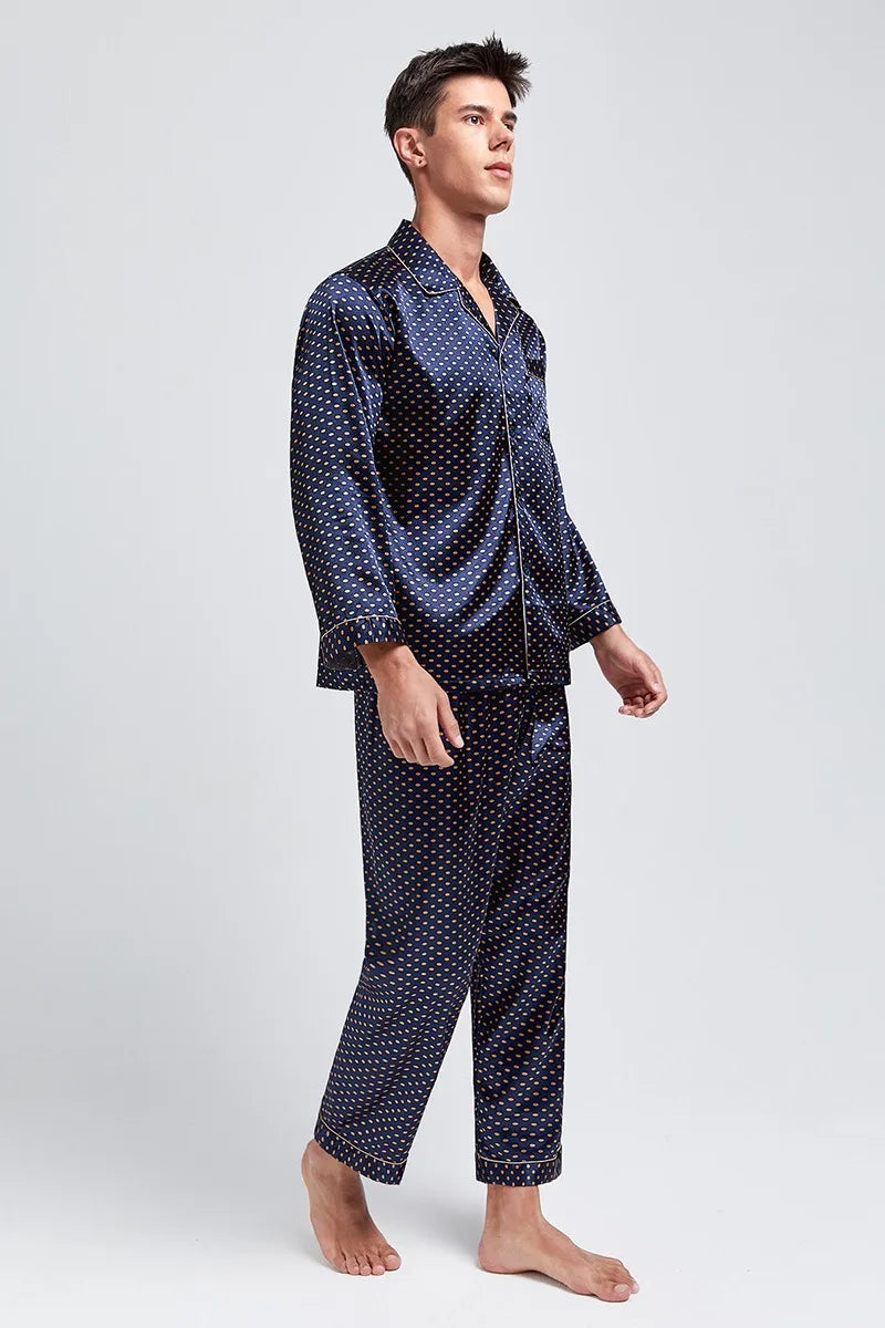 High Quality Satin Pajamas Suit Men Spring Summer Printed Ice Silk Pyjamas  Long Sleeve Plus Size Home Clothes Sleepwear Male