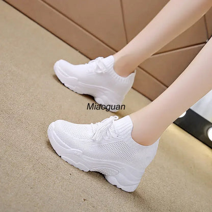 Hidden Heels White Women Spring Breathable Mesh Casual Platform Sneakers Surface Shoes 2023 New Thick Bottom Footwear Round Head