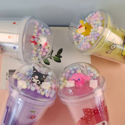 New Anime Sanrio Hello Kitty Cinnamoroll Melod Kuromi Water Cup Double-Layer Plastic Cup Portable Sport Mug Straw Water Cup Gift