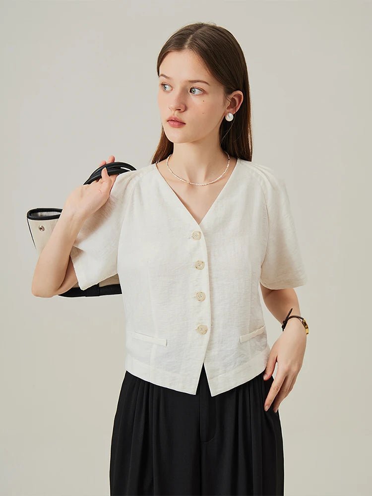 FSLE V-Neck Flying Sleeve Women Summer Single Breasted Shirts Beige White 10.1% Linen Female Short Loose Blouses 24FS12355