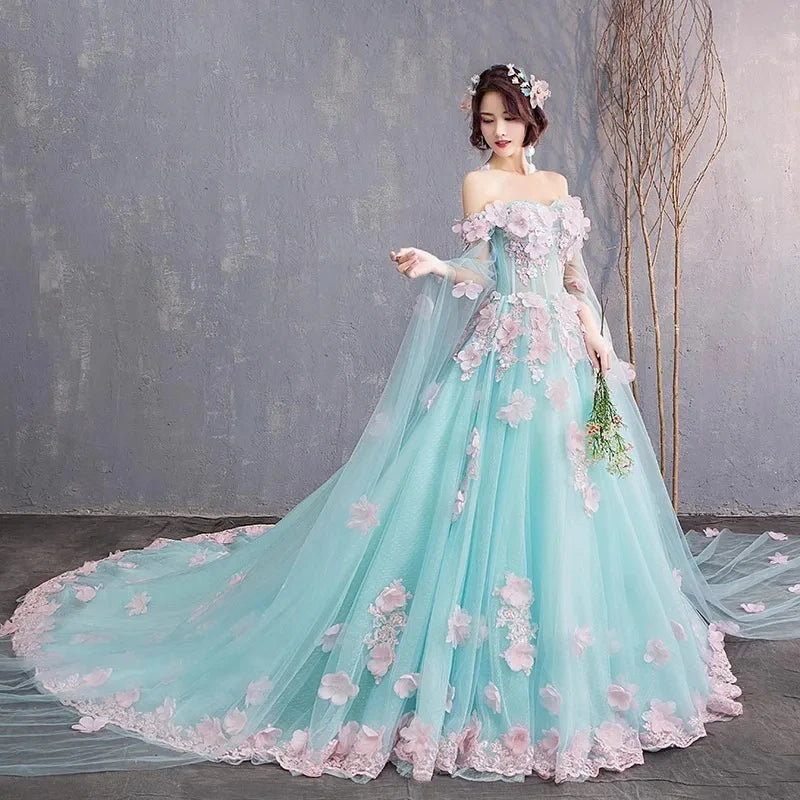 Bomaris Mint Green Quinceanera Dresses With Cape Princess Vestido De 15 Anos Ball Gown Lace 3D Flower Birthday Party Corset Back