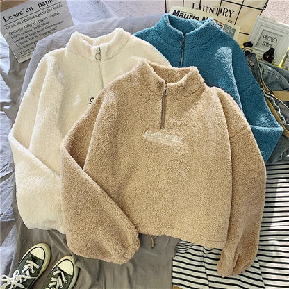 Women Stand Neck Fleece Cropped Hoodies Autumn Letter Embroidery Long Sleeve Drawstring Sweatshirt Elegant Plush Velvet Tops