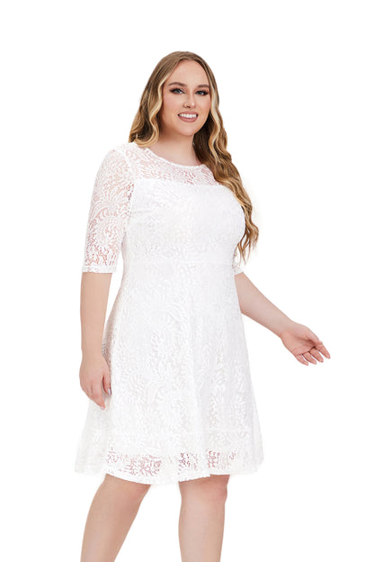 Plus Size Contrast Lace Semi Sheer 3/4 Sleeve Midi Dress, Women&