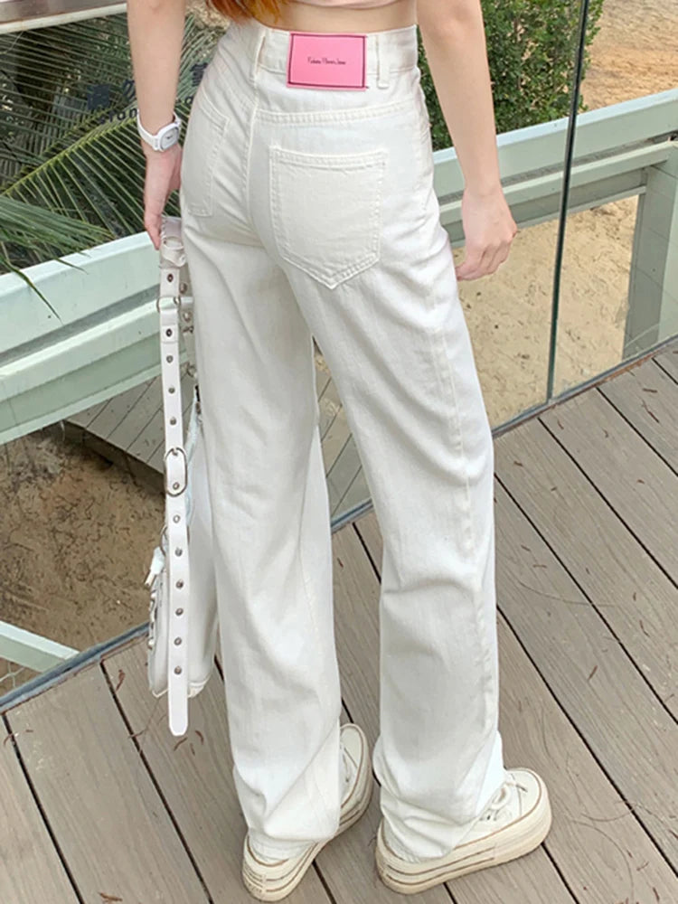 Female High Waist Loose Wide Leg Jeans Lady Non Strech Straight Leg Pants Girls White Light Blue Deep Blue Korean Denim Trousers